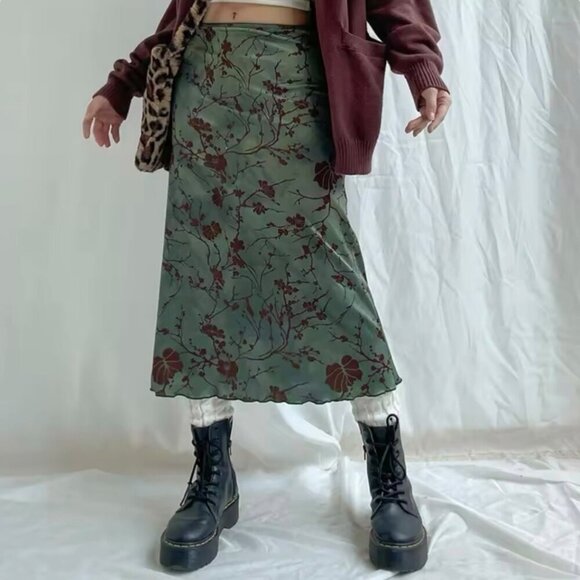 NEW Midi Skirt Sz.M Green Floral Stretch Pull-On Style Fairy Grunge Y2K 90s Boho - Picture 7 of 11